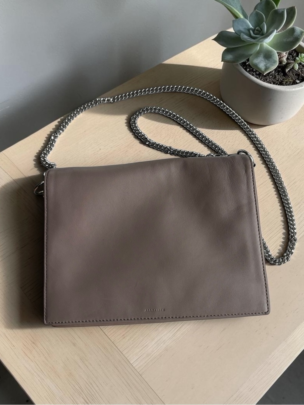 All Saints Taupe Lambskin Leather Zep Box Bag Crossbody with Silver Chain